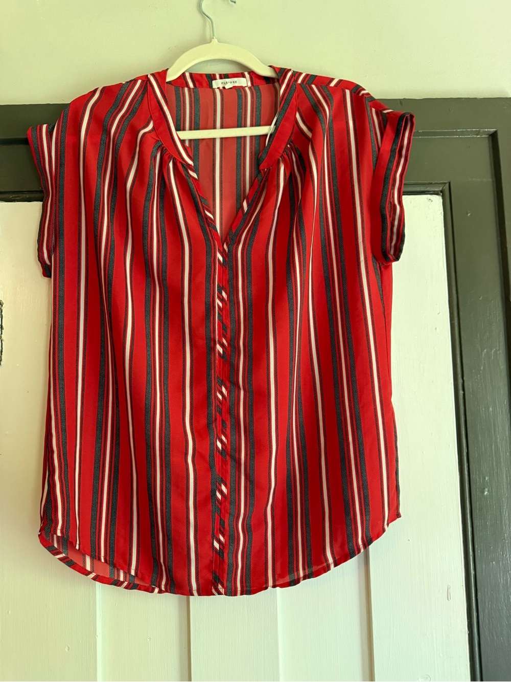 Pleione Red Vertical-Stripe Short Sleeve Blouse